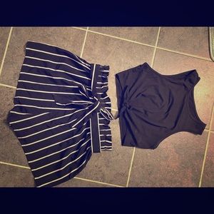 Two pice high waist shorts with tie front crop top